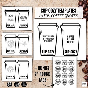 Cartões de exibição aconchegantes para copos, modelo para impressão, capa de café para porta-copos de malha de crochê feito à mão, pote de vidro, etiqueta de produto de embalagem