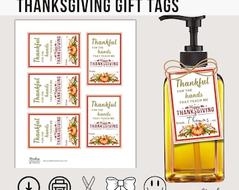 PRINTABLE Thanksgiving Teacher Gift Tag, Hand Soap Pumpkin Tag, Teacher Appreciation, Thankful for the hands that teach me, Instant Download