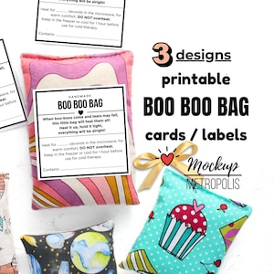 May include: Three rectangular fabric boo boo bags with colorful patterns including pink waves, space themes, and cupcakes. The image includes printable cards and labels with text instructions for microwave heating and freezer cooling for therapy use.