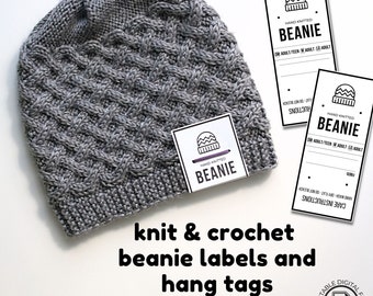 Beanie Care Instruction Fordable Labels Crochet Hat Tags for Handmade Winter Market Craft Fair Product Packaging Printable Fold Over Tag