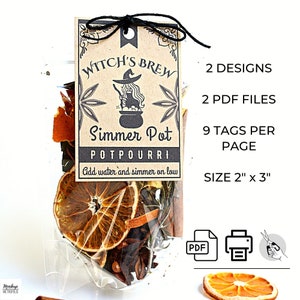 Witch&#39;s Brew Simmer Pot Printable Gift Tags, Halloween Potpourri Labels, 2 Designs Handmade Product, Spices Sachet Bag Fun Hostess Potion