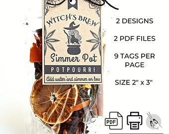 Halloween Simmer Pot Gift Tags, Witch's Brew Potpourri Labels, Printable Tags for Handmade Fall Gifts and Markets Product Packaging PDF