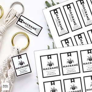 May include: A set of 10 white rectangular labels with black text and a graphic of a hanging plant. The labels read "Macrame Plant Hanger" and "Handmade".
