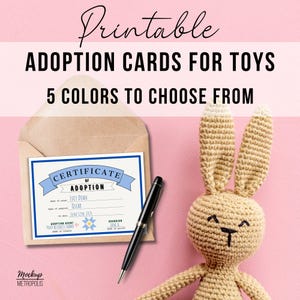 Certificado de adoção de brinquedo especial, cartões de brinquedo artesanais, papel de adoção para brinquedos, formulário de adoção de brinquedos infantis amigurumi, encarte de presente de animal de crochê