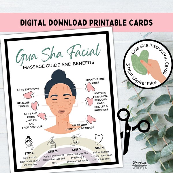 PDF Boho Gua Sha Instructions utiliser des cartes de diagramme, modèle d'affichage imprimable d'étiquette de guide de pierre de jade Modèle d'affichage de produit de soins de beauté EVJF