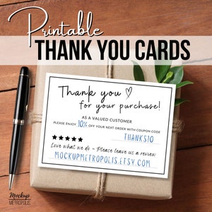 Cartes de remerciement professionnelles, laissez un commentaire Merci pour la commande. Insérez le modèle de code promo + 2 cartes de visite client en prime, PDF imprimable
