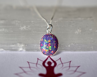 Purple opal, Opal pendant, Sterling silver, Minimalist jewellery, Opal necklace, Orange fire, October birthstone, Healing gift, Crown chakra
