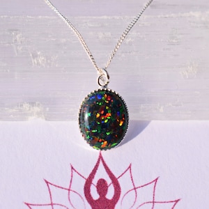 Black opal, Opal pendant, Sterling silver, Minimalist jewellery, Opal necklace, Green fire, October birthstone, Healing gift, Crown chakra