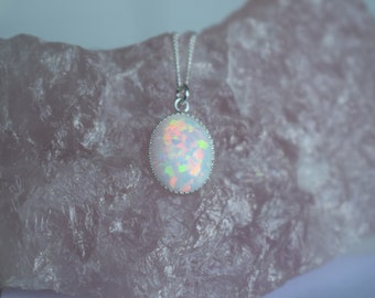 Sterling Silver Opal Pendant Necklace: White Opal with Red Pin Fire