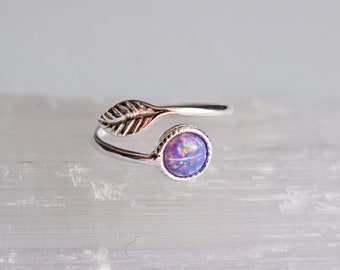 Purple opal ring, Orange fire, Opal ring, Sterling silver, Minimalist, Purple opal, Leaf, Healing gift, October birthstone, Crown chakra