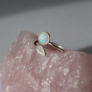 White opal with green pin fire ring, Opal, White opal, Leaf ring, Sterling silver, Leaf design, Healing gift, October birthstone