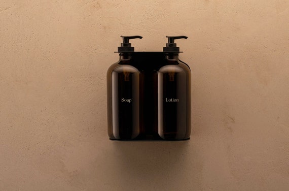 3 Soap Dispenser Wall Mounted No Screws Needed Amber Glass Bottles Matt  Pump for Shampoo, Conditioner and Soap Customizable 