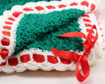 Christmas Crochet Baby Blanket, Green and White Yarn with Red Ribbon