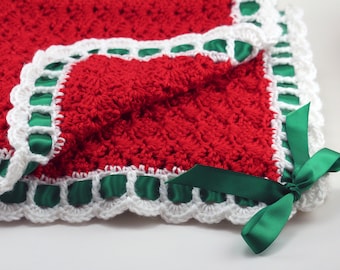 Christmas Crochet Baby Blanket, Red and White Yarn with Green Ribbon