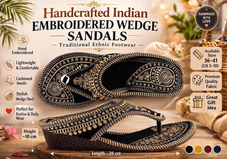 May include: Handcrafted Indian embroidered wedge sandals with a traditional ethnic design. The black sandals feature gold embroidery, a wedge heel, and a cushioned insole. The height is approximately 10 cm, and the length is about 26 cm.