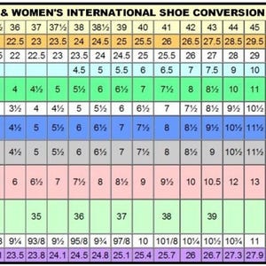 May include: A shoe size conversion chart for men and women, with measurements in inches and centimeters. Includes conversions for Europe, Japan, Mexico, Australia, U.K., U.S., Canada, and Russia/Ukraine.