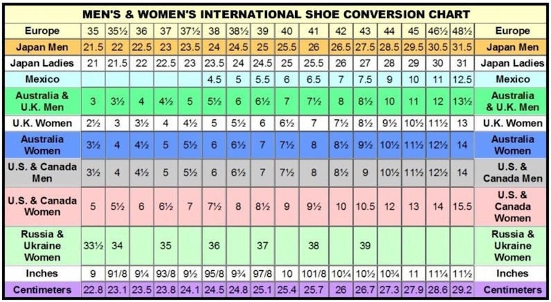 May include: A shoe size conversion chart for men and women, with measurements in inches and centimeters. Includes conversions for Europe, Japan, Mexico, Australia, U.K., U.S., Canada, and Russia/Ukraine.
