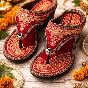 Könnte beinhalten: Ein Paar rot-goldene, bestickte Sandalen mit Zehensteg-Design. Die Sandalen weisen auf dem roten Stoff aufwendige Goldmuster und eine schwarze Sohle auf. Perlen und Blumen sind als Dekoration um die Sandalen angeordnet.