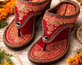 Embroidered Women Mojari Jutti Sandals | Handmade Indian Ethnic Footwear, Rajasthani Style Flats, Wedges