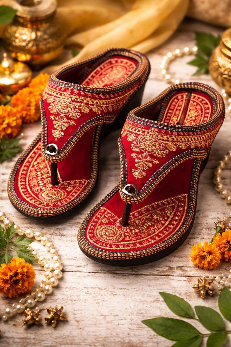 May include: A pair of red and gold embroidered sandals with a thong-style design. The sandals feature intricate gold patterns on the red fabric and a black sole. Decorative elements like pearls and flowers surround the sandals.