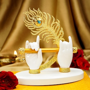 Lord Krishna Hand and Flute Statue | Gold Peacock Feather, Hindu Home Decor