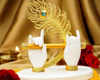Lord Krishna Hand and Flute Statue | Gold Peacock Feather, Hindu Home Decor