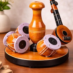 Wooden Indian Musical Instrument Set | Tabla, Veena, Vase Decor