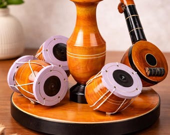 Wooden Indian Musical Instrument Set | Tabla, Veena, Vase Decor