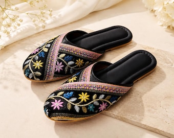 Women's Embroidered Slip On Shoes, Handmade Indian Mule Flats, Floral Ethnic Slippers, Comfortable Boho Wedding Shoes