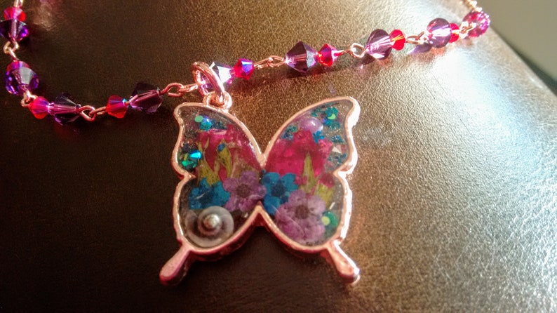 Butterfly Open Bezel Jewelry Set Real Flowers Botanical Amulet Garden Reliquary