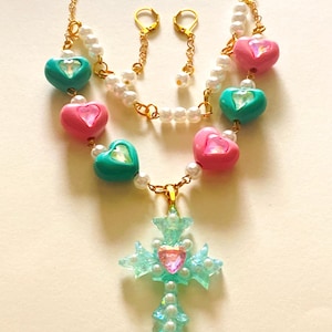 Religious Cross and Heart Necklace, Rhinestone Hearts and Pearls, Matching Pearl Earrings, Jesus Piece,