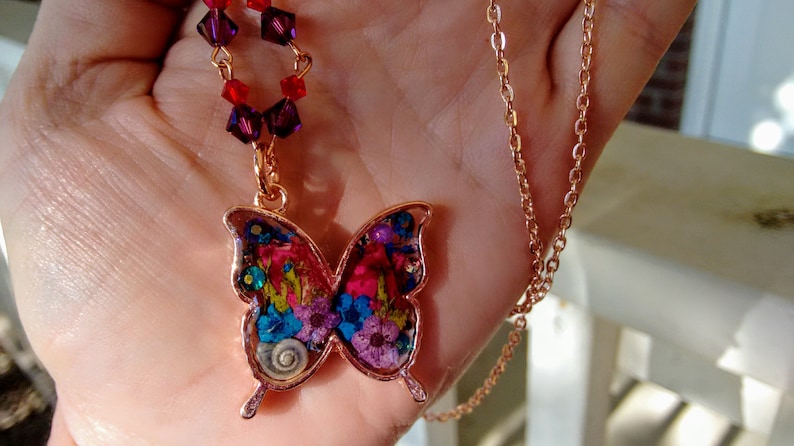 Butterfly Open Bezel Jewelry Set Real Flowers Botanical Amulet Garden Reliquary