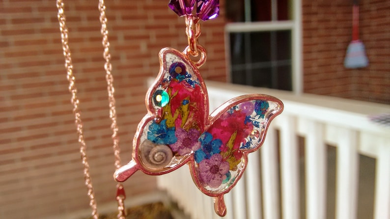 Butterfly Open Bezel Jewelry Set Real Flowers Botanical Amulet Garden Reliquary