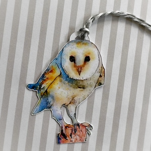 May include: A watercolor painting of a barn owl with blue, yellow, and brown feathers. The owl is perched on a branch with its wings folded. The background is a light gray with vertical stripes.