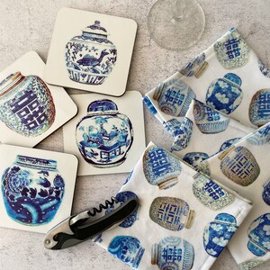 Ginger Jar Beverage Set | Coasters | Cloth Napkins | Cocktail | Drinks | Chinoiserie | Blue & White