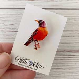 May include: A clear acrylic sticker featuring a detailed illustration of a robin perched on a branch. The robin has a red breast, gray head, and brown wings. The sticker is on a white card with the text "Owlette Bleu" and a website address.