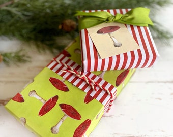 Mushroom Magic with Red & White Ticking Stripe Double-Sided Wrapping Paper | 5 Sheets | 20"x29" | Christmas | Holiday | Botanical