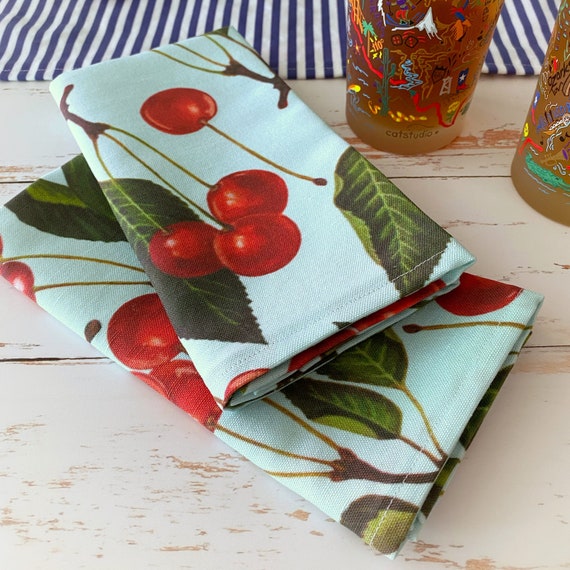 Retro Cherries Linen-Cotton Cloth Napkin Set (2 or 4) | Linens | Modern Farmhouse | Shabby Chic | Traditional | Botanical | Americana |