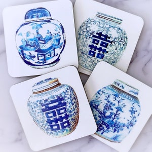 Ginger Jar Coasters – Boxed Set of 8 | Blue & White | Traditional | Drinkware |Gift | Hostess  | Preppy | Chinoiserie