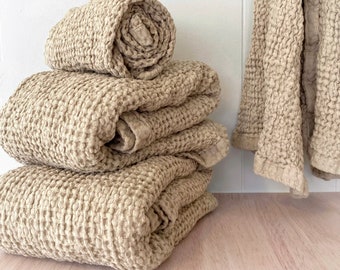 Waffle Weave Linen-Cotton Bath & Towel Set (two of each) | Spa | Onsen | Turkish | Modern | Farmhouse | Coastal