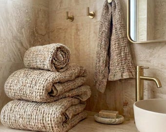 Waffle Weave Linen-Cotton Bath & Hand Towel Set (two of each) | Spa | Onsen | Turkish | Modern | Farmhouse | Coastal