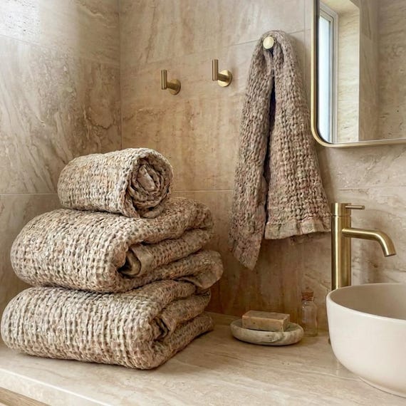 Waffle Weave Linen-Cotton Bath & Hand Towel Set (two of each) | Spa | Onsen | Turkish | Modern | Farmhouse | Coastal