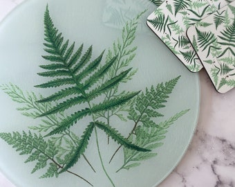 Woodland Fern Cheese Plate / Cutting Board – Original Design – 12" Round Tempered Glass | gift | plant | kitchen | decor | botanical