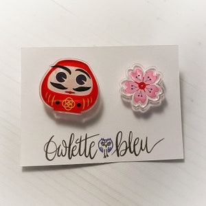 Good Fortune Pin Pals  – Daruma & Sakura – two pin set