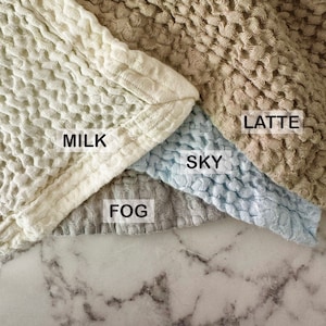 May include: Four waffle weave fabric swatches in different colors: Milk, Fog, Sky, and Latte.