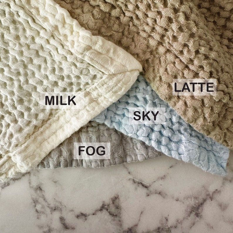 May include: Four waffle weave fabric swatches in different colors: Milk, Fog, Sky, and Latte.