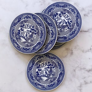 Blue Willow Coasters – Boxed Set of 8 | Blue & White | Traditional | Drinkware |Gift | Hostess | Modern Farmhouse | Preppy | Chinoiserie