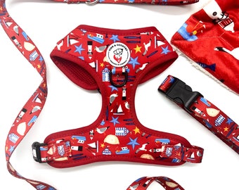 Puede incluir: Conjunto de arnés y correa para perro rojo con temática náutica. El arnés tiene una base roja con un patrón blanco y azul de veleros, gaviotas, peces y faros. La correa es roja con un patrón blanco y azul. El conjunto incluye el texto "Tide & Country" y "Designed in Cornwall".