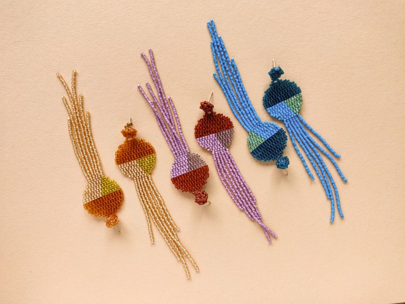 Seed beaded jellyfish earrings with long fringes handwoven Etsy