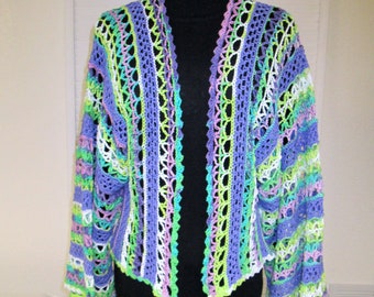 Crochet Cotton Colorful Cardigan Shrug with Kimono Sleeves